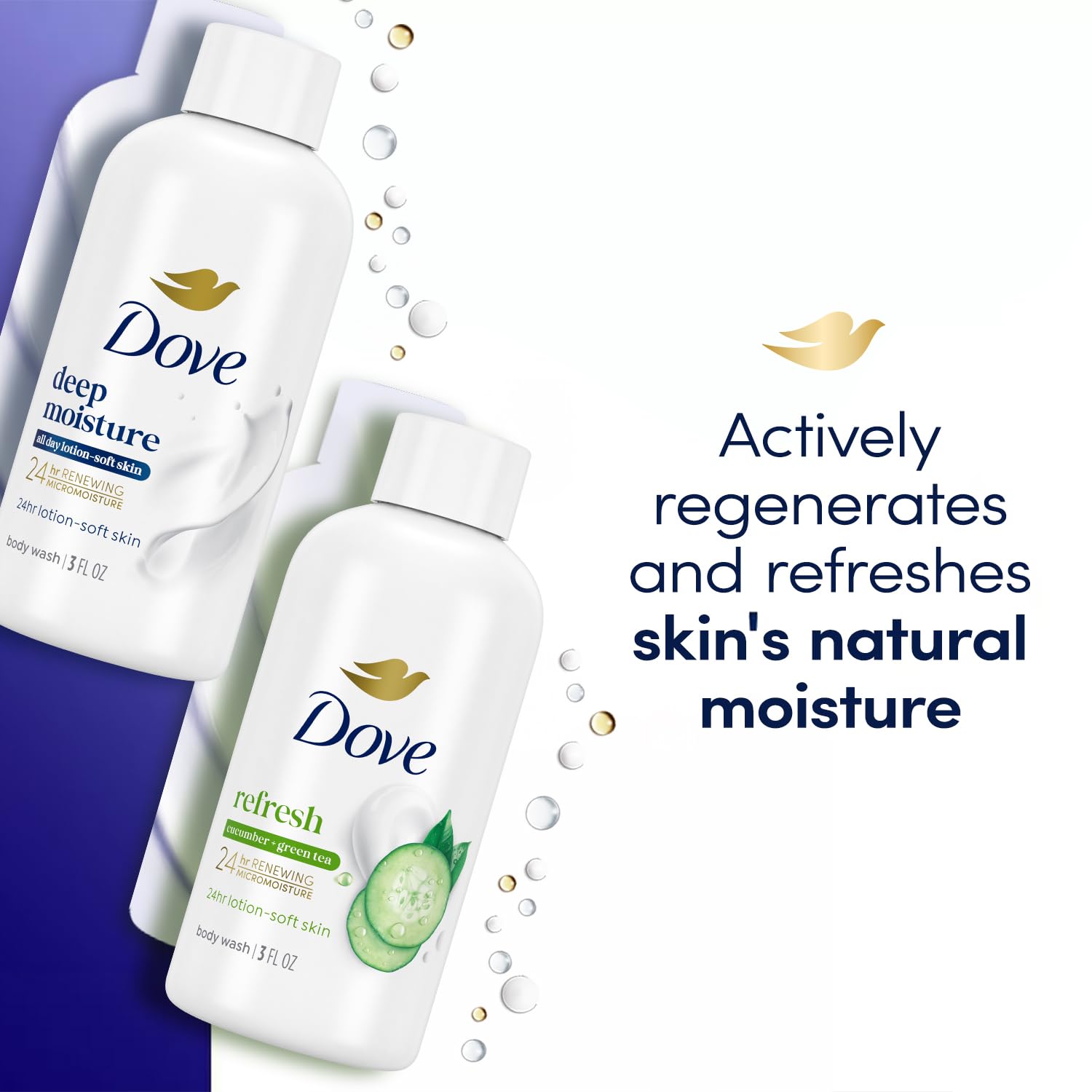 Dove Body Wash Travel Size Variety 6-Pack – Refresh Cucumber & Green Tea + Deep Moisture, 24H Renewing Moisture for Soft Skin, 3 Oz Ea